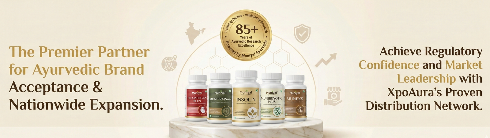 “XpoAura Distribution offering nationwide Ayurvedic distribution services for brands, featuring heritage-backed credibility, regulatory expertise, and clinically validated Muniyal Ayurveda formulations to accelerate market acceptance across India.”