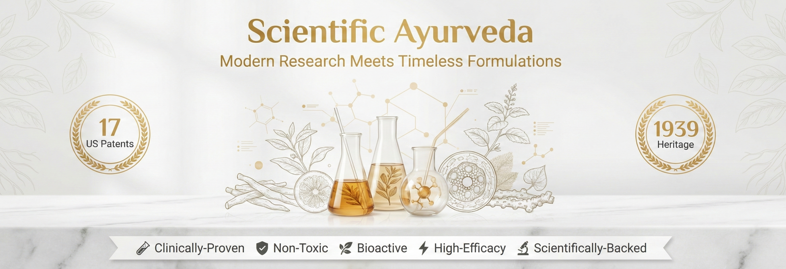 Premium scientific Ayurveda banner displaying Muniyal Ayurveda’s internationally patented herbal formulations on a clean clinical white background with molecular structures, botanical extracts, and a 1939 heritage emblem, emphasizing research-backed, clinically proven, high-efficacy Ayurvedic wellness solutions.